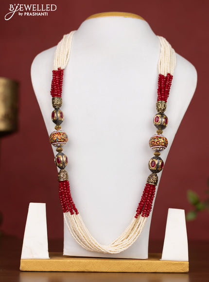 Jaipur beaded multilayer necklace red & white with red stones and without earring