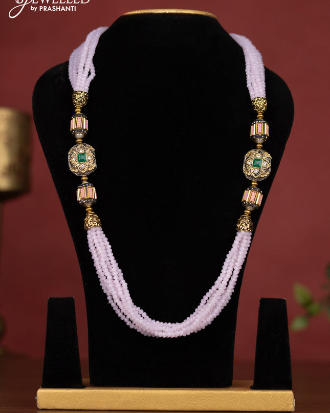Jaipur beaded multilayer necklace pink with green stones and without earring