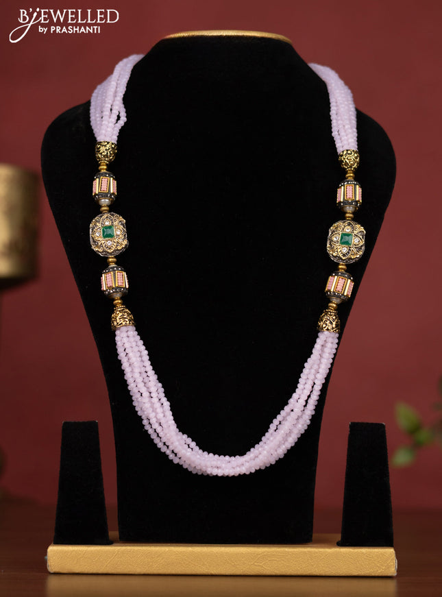 Jaipur beaded multilayer necklace pink with green stones and without earring