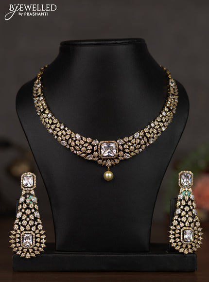 Necklace with cz stones and pearl hanging in victorian finish