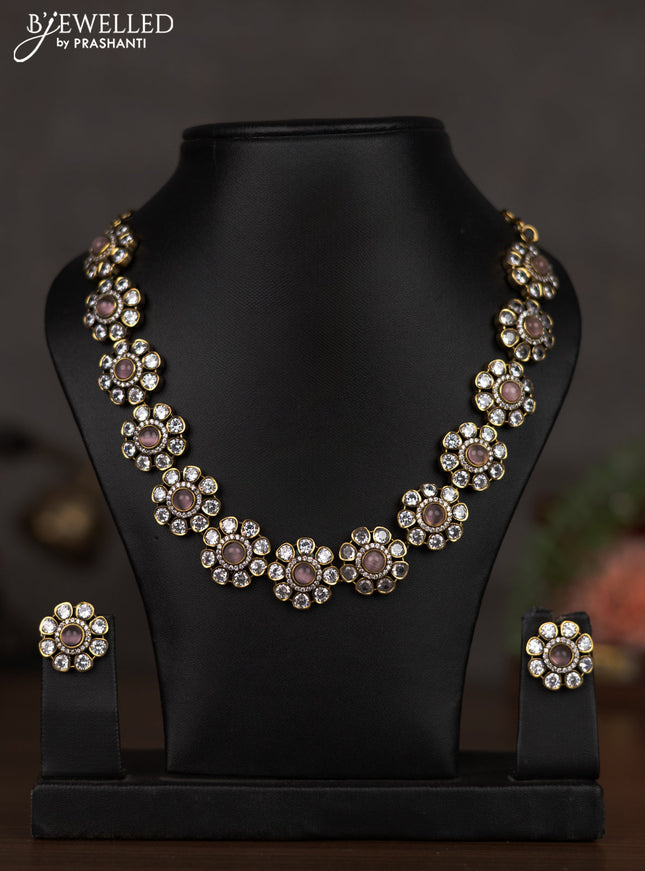 Necklace with floral design baby pink and cz stones in victorian finish