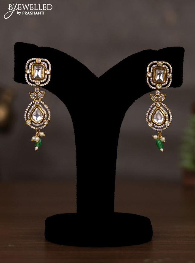 Necklace with emerald & cz stones and beads hangings in victorian finish