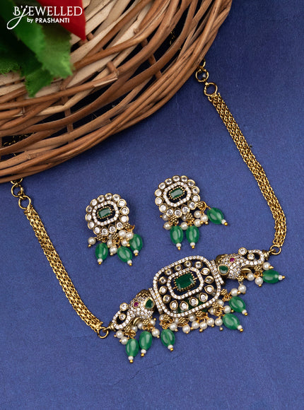 Victorian finish choker elephant design with kemp & cz stones and beads hanging