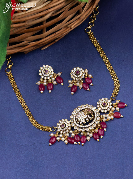 Victorian finish choker elephant design with ruby & cz stones and beads hanging