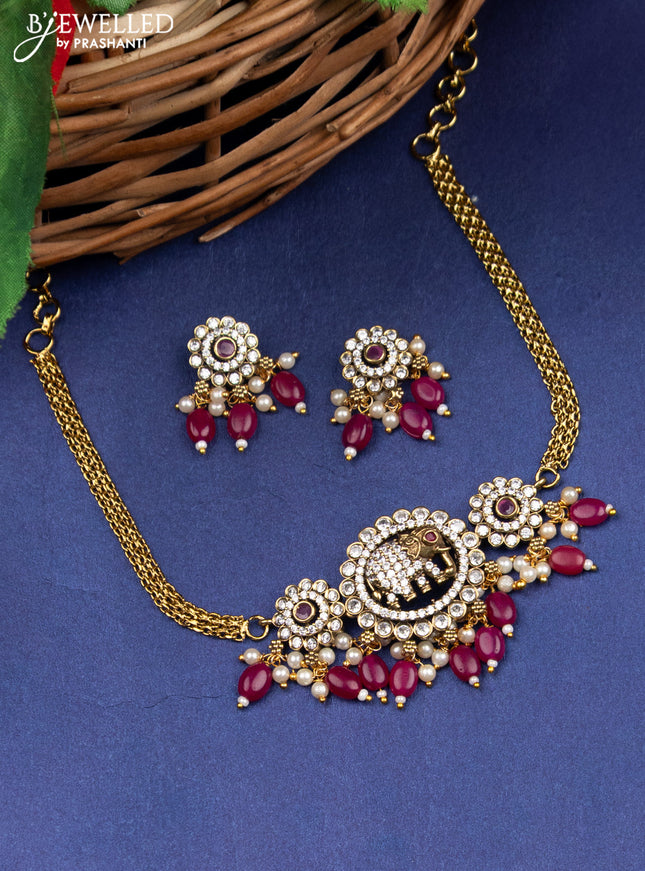 Victorian finish choker elephant design with ruby & cz stones and beads hanging