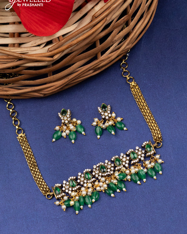 Victorian finish choker with emerald & cz stones and beads hanging