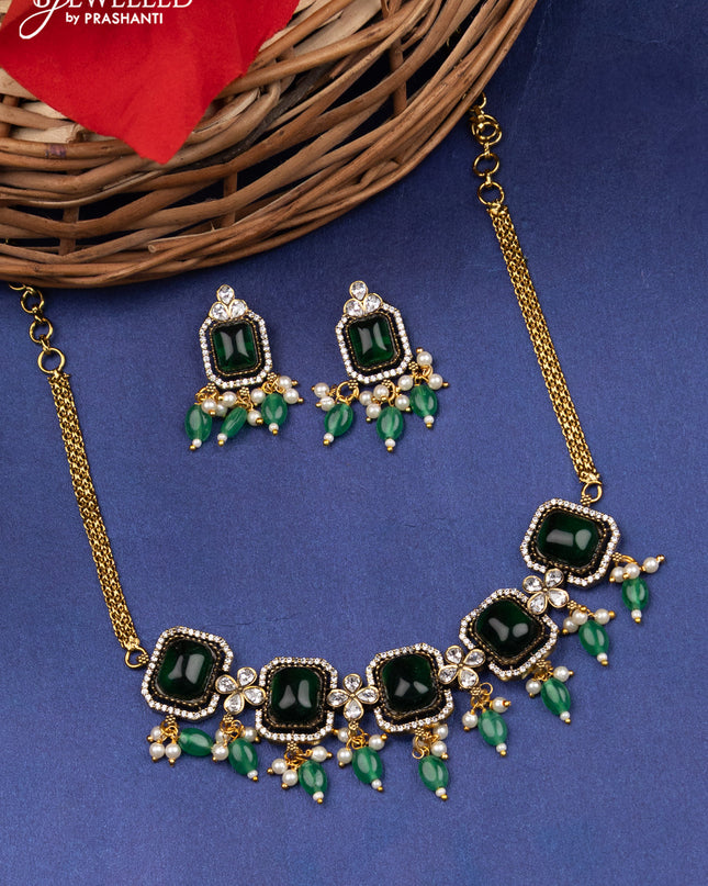 Victorian finish choker with emerald & kundan stones and beads hanging