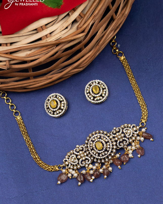 Victorian finish choker with yellow & cz stones and beads hanging