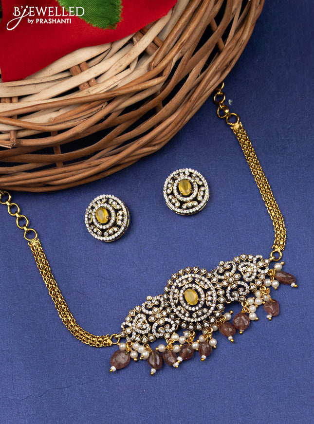 Victorian finish choker with yellow & cz stones and beads hanging