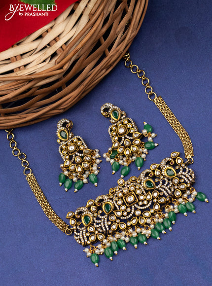 Victorian finish choker peacock design with kemp & cz stones and green beads hanging