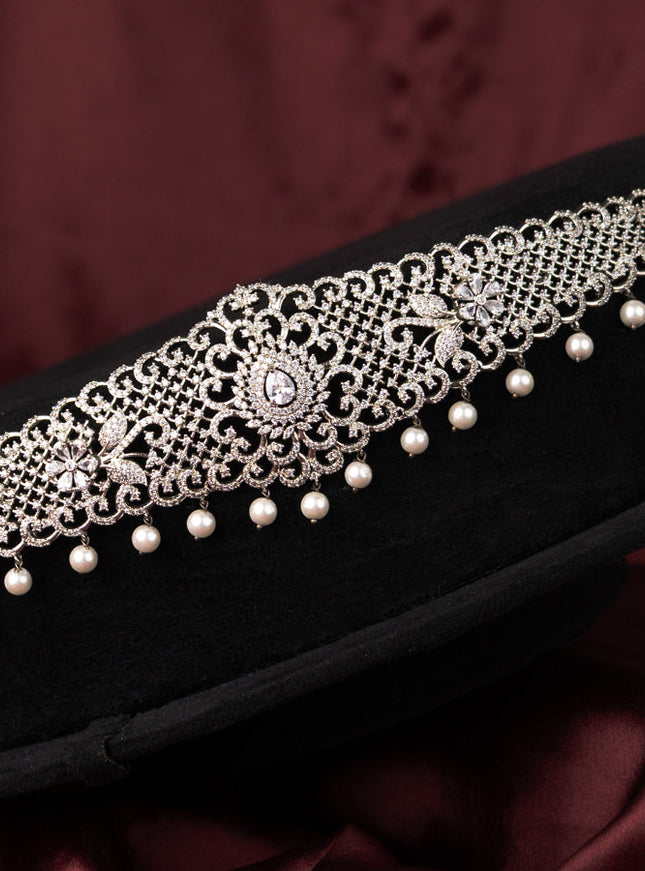 Zircon hip chain with cz stones and pearl hangings