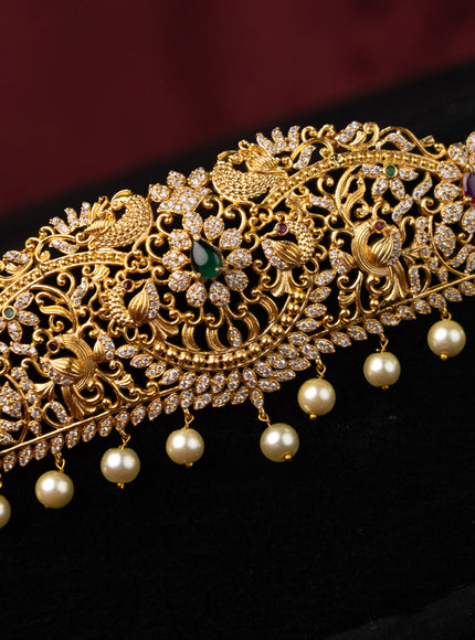 Zircon hip chain peacock design with kemp & cz stones and pearl hangings in gold finish