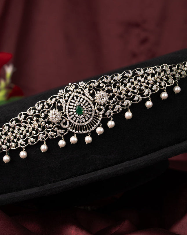 Zircon hip chain with emerald & cz stones and pearl hangings