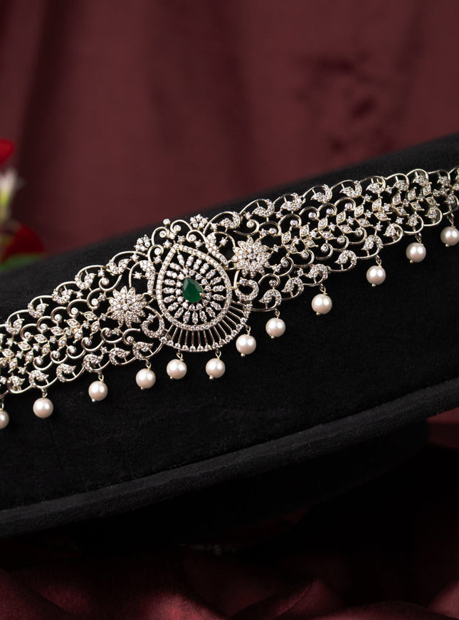 Zircon hip chain with emerald & cz stones and pearl hangings