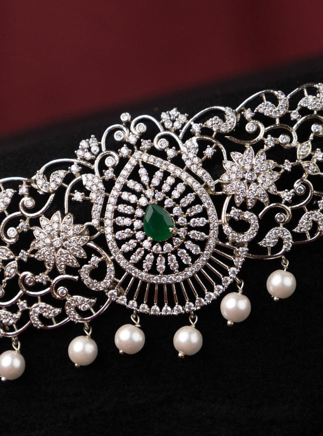 Zircon hip chain with emerald & cz stones and pearl hangings