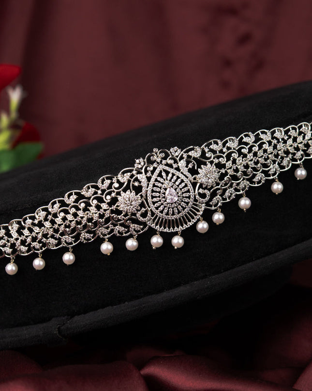 Zircon hip chain with cz stones and pearl hangings