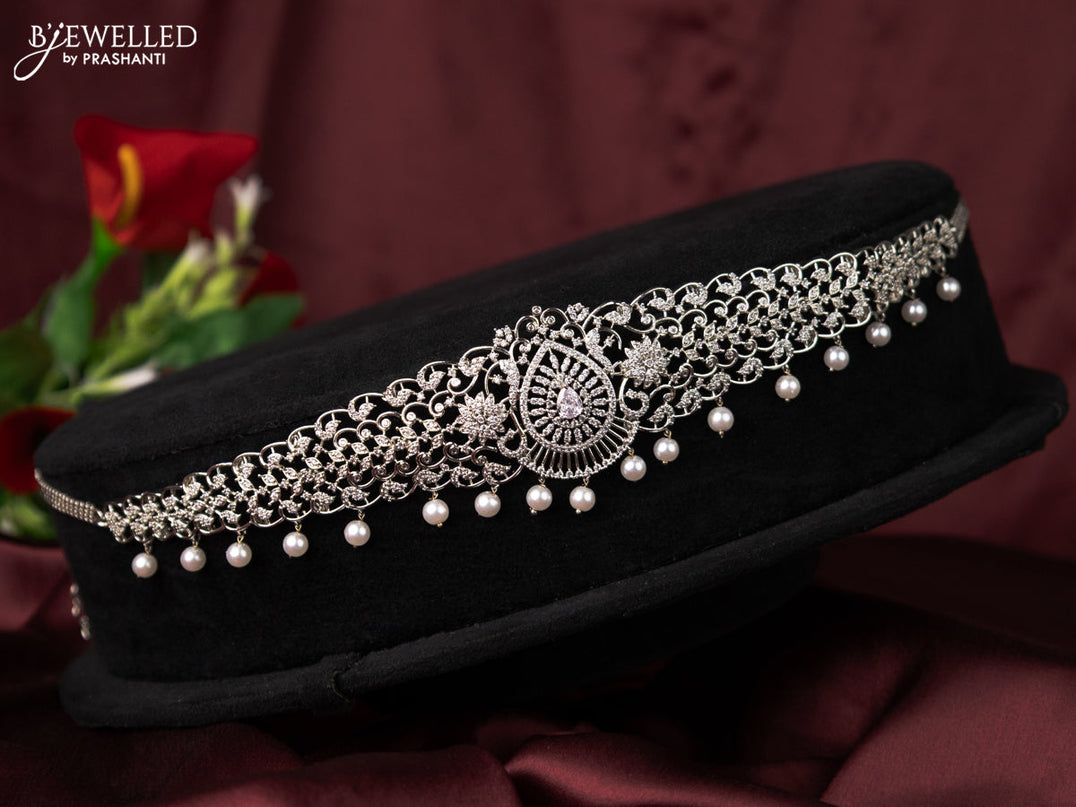 Zircon hip chain with cz stones and pearl hangings