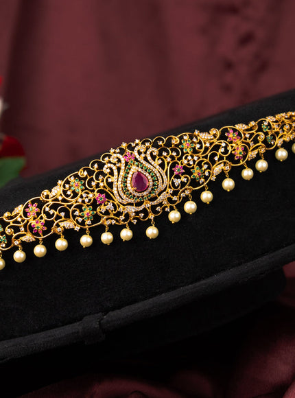 Zircon hip chain with kemp & cz stones and pearl hangings