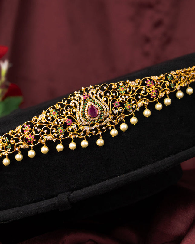 Zircon hip chain with kemp & cz stones and pearl hangings