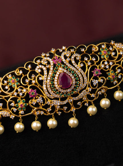 Zircon hip chain with kemp & cz stones and pearl hangings