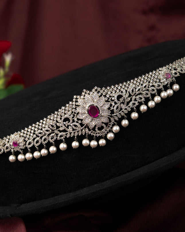 Zircon hip chain floral design with kemp & cz stones and pearl hangings