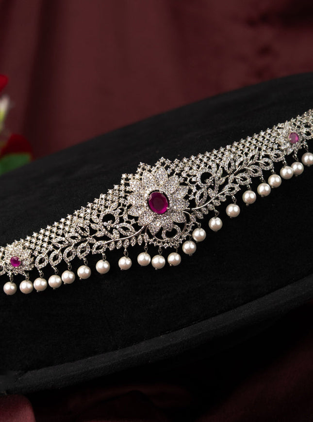 Zircon hip chain floral design with kemp & cz stones and pearl hangings