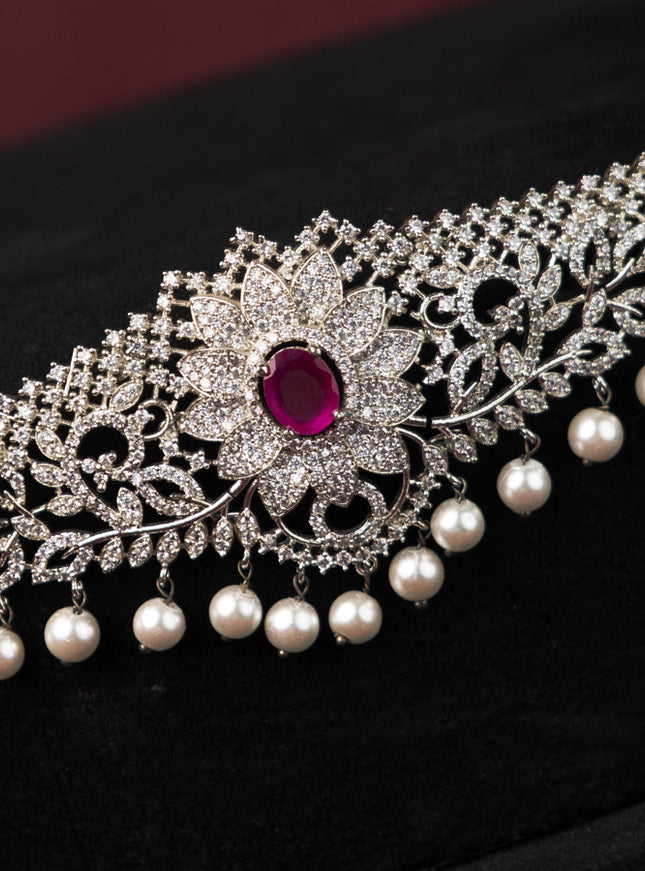 Zircon hip chain floral design with kemp & cz stones and pearl hangings