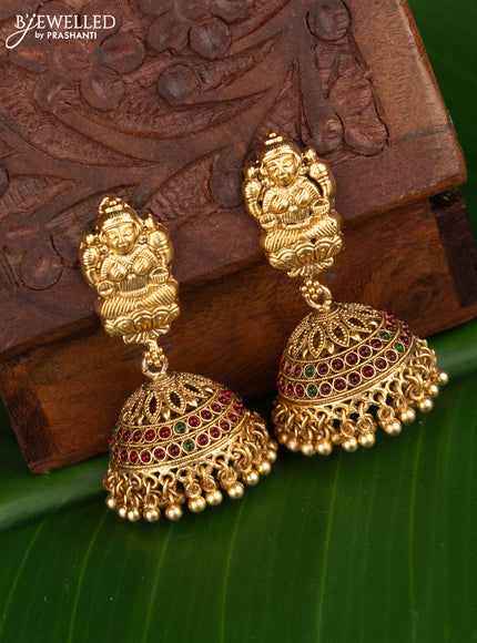 Antique jhumka lakshmi design with kemp stones and golden beads hangings