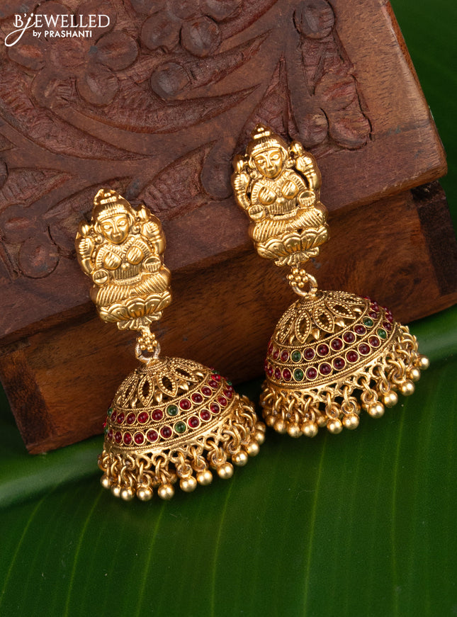 Antique jhumka lakshmi design with kemp stones and golden beads hangings