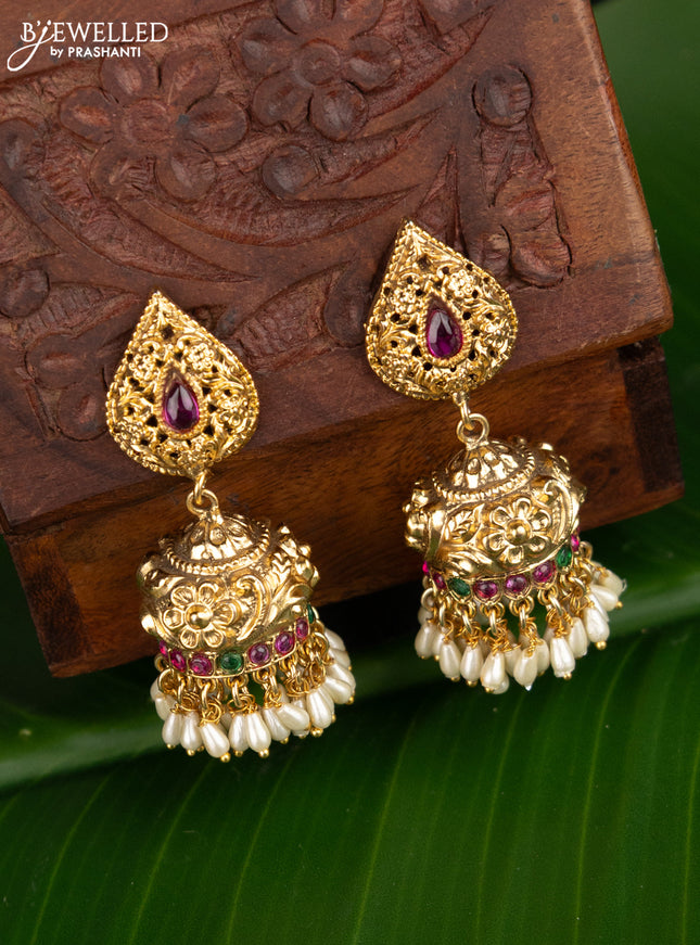 Antique jhumka floral design with kemp stones and pearl hangings
