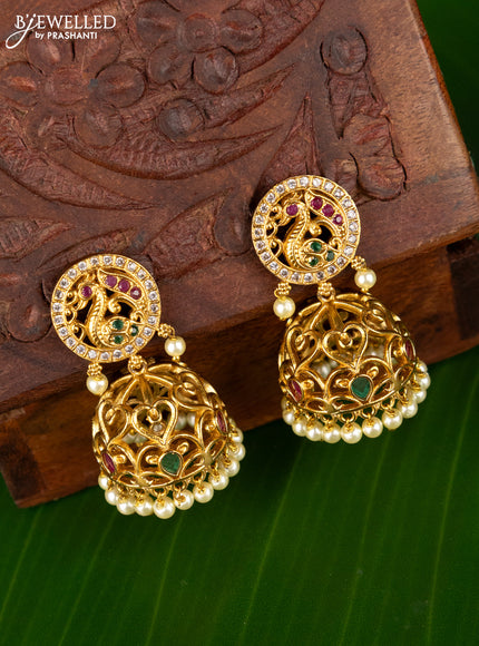 Antique jhumka peacock design with kemp & cz stones and pearl hangings
