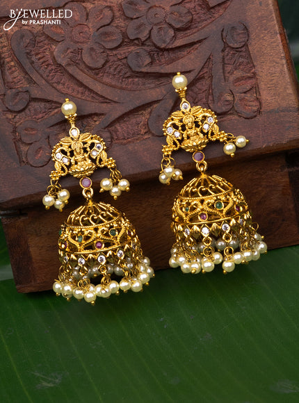 Antique jhumka lakshmi design with kemp & cz stones and pearl hangings