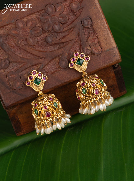 Antique jhumka with kemp stones and pearl hangings