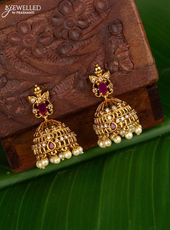 Antique jhumka with kemp & cz stones and pearl hangings