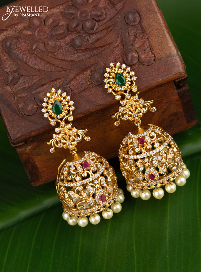Antique jhumka with kemp & cz stones and pearl hangings