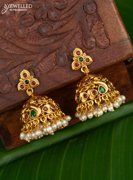 Antique jhumka peacock design with kemp stones and pearl hangings