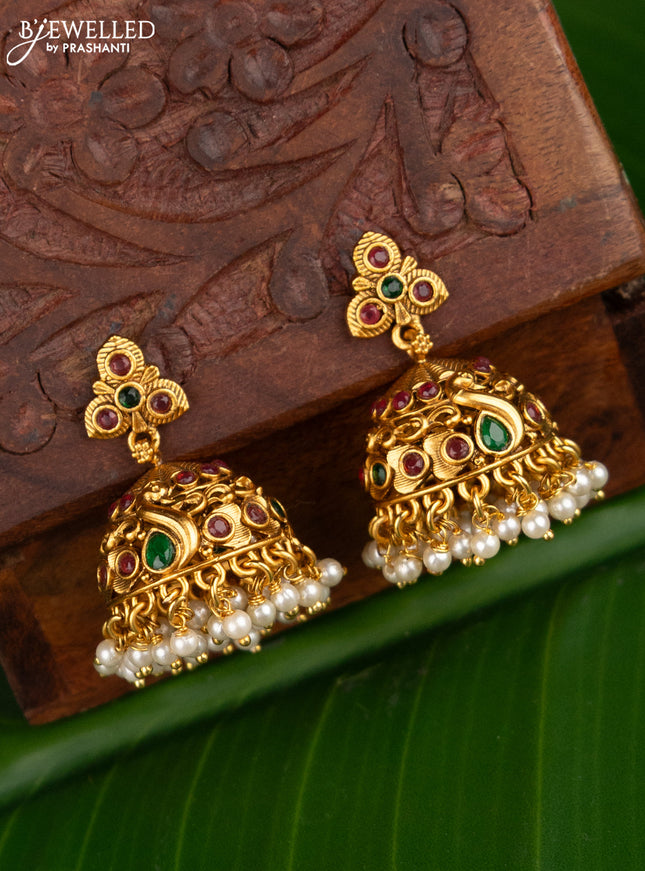 Antique jhumka peacock design with kemp stones and pearl hangings