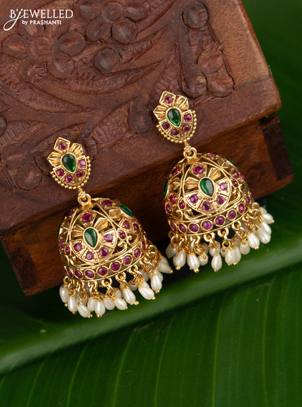 Antique jhumka with kemp stones and pearl hangings