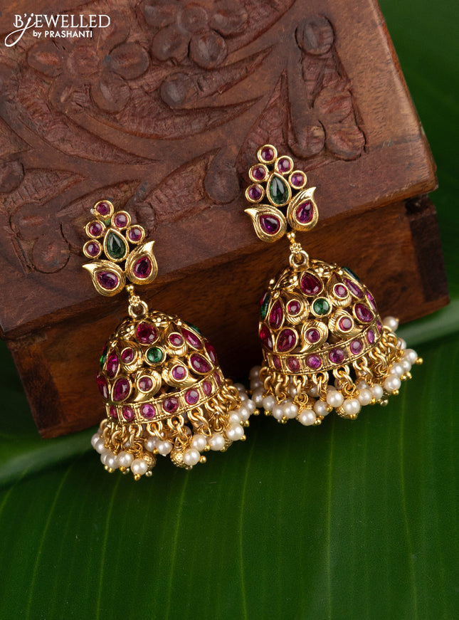 Antique jhumka with kemp stones and pearl hangings