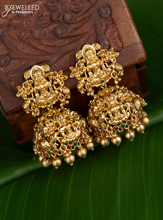 Antique jhumka lakshmi design with kemp stones and golden beads hangings