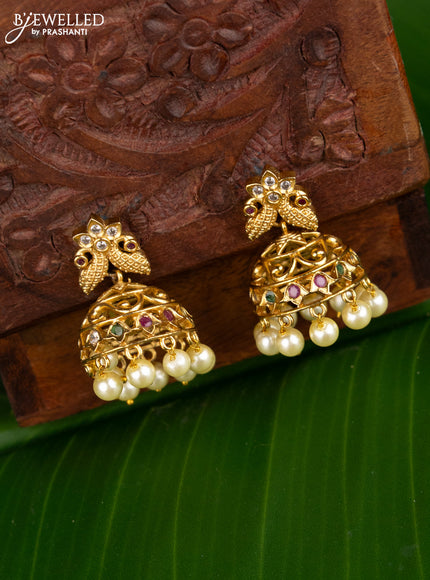 Antique jhumka peacock design with kemp & cz stones and pearl hangings
