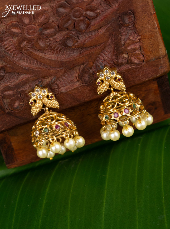 Antique jhumka peacock design with kemp & cz stones and pearl hangings