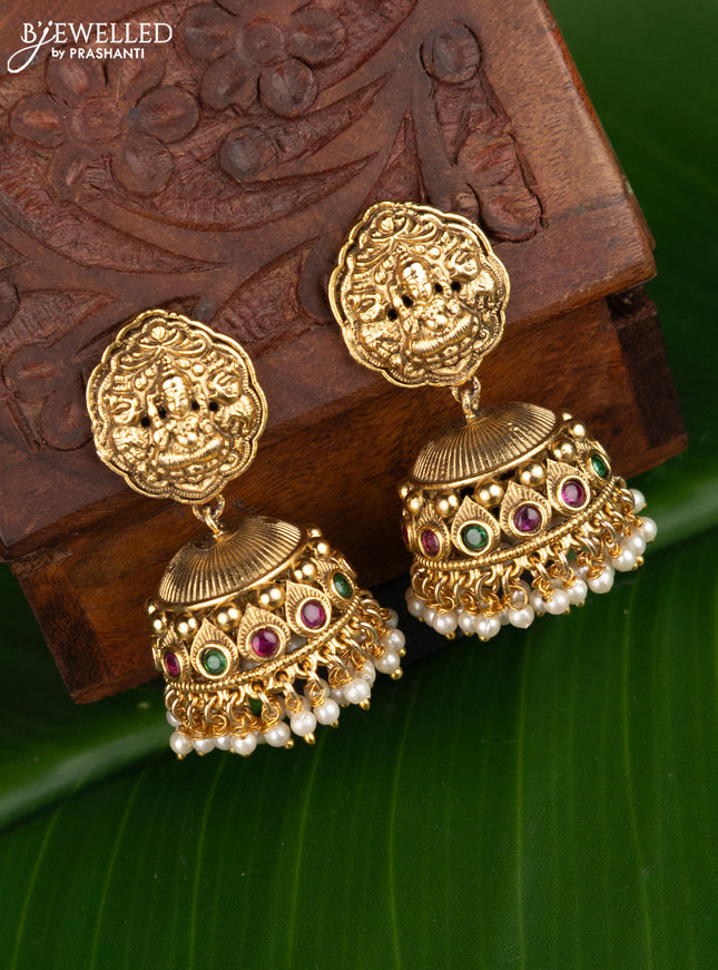 Antique jhumka lakshmi design with kemp stones and pearl hangings