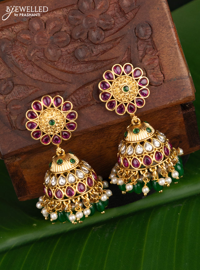 Antique jhumka floral design with kemp & cz stones and beads hangings
