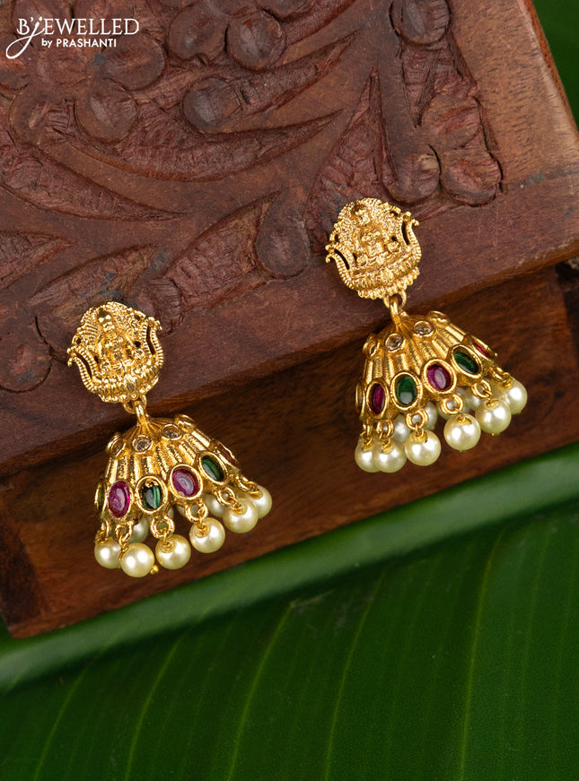 Antique jhumka lakshmi design with kemp stones and pearl hangings