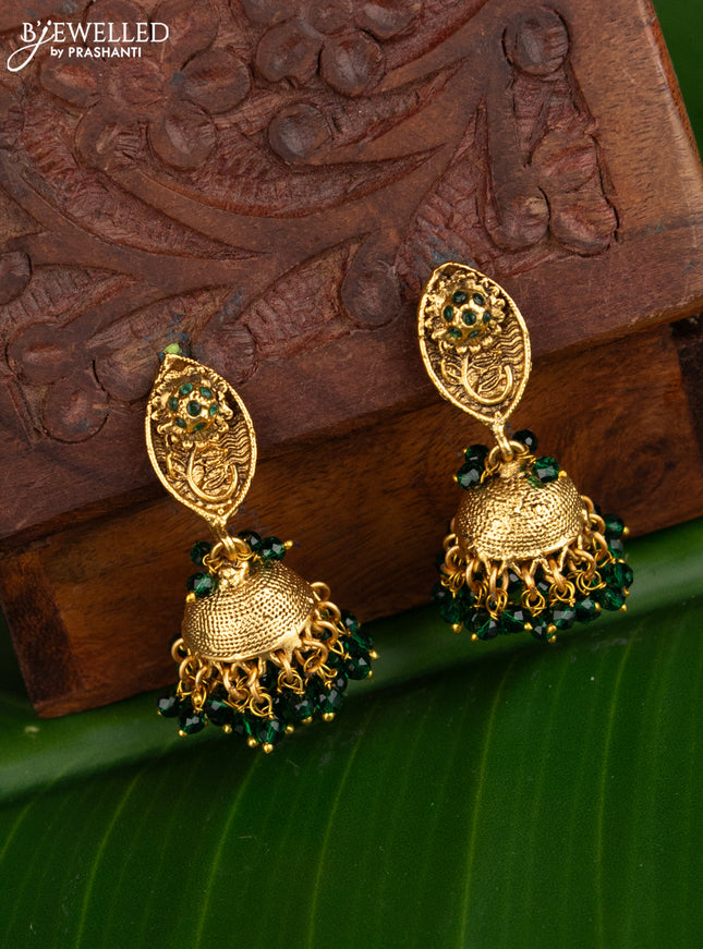 Antique jhumka floral design with emerald stones and crystal beads hangings