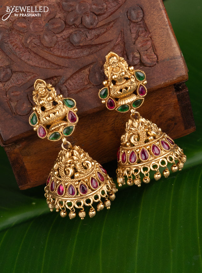 Antique jhumka lakshmi design with kemp stones and golden beads hangings