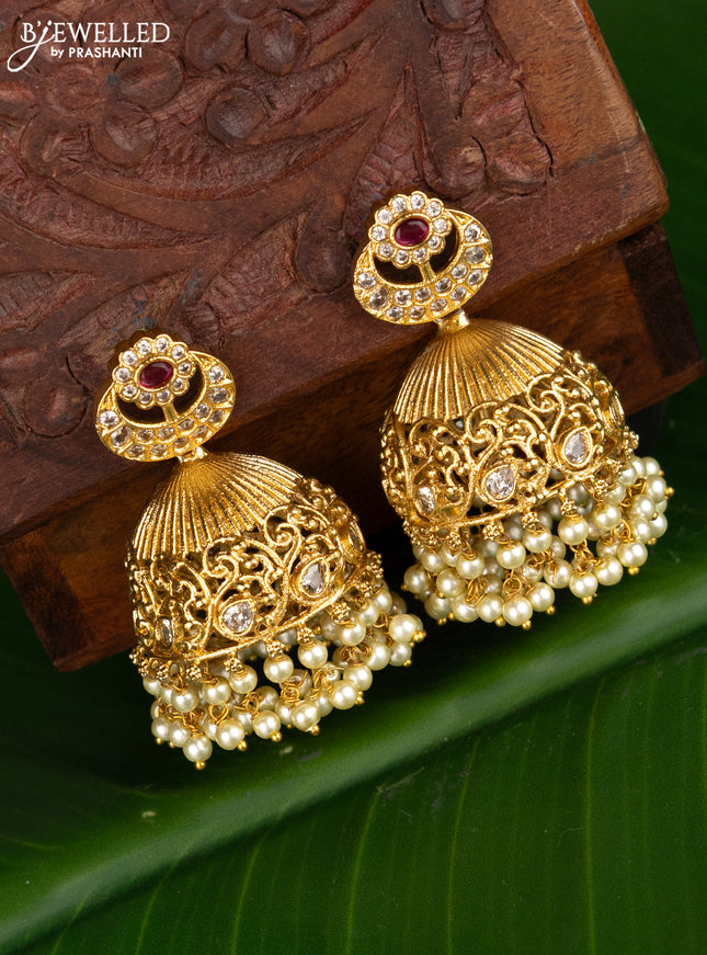 Antique jhumka with pink kemp & cz stones and pearl hangings