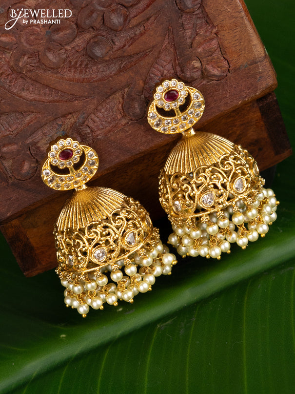 Antique jhumka with pink kemp & cz stones and pearl hangings