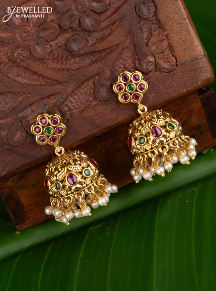 Antique jhumka peacock design with kemp stones and pearl hangings